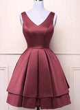 Wine Red V-neckline Satin Knee Length Homecoming Dress, Wine Red Short Prom Dress HZ1024