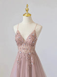 Lovely Pink V-neckline Beaded Straps Floor Length Party Dress, Pink Long Prom Dress HZ1024
