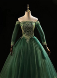 Off the Shoulder Dark Green Formal Dress, Dark Green Tulle Party Dress Evening Dress HZ1024