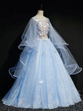 Light Blue Puffy Sleeves Tulle Ball Gown Party Dress, Sweet 16 Dresses Blue Formal Dresses HZ1024