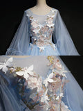 Light Blue Puffy Sleeves Tulle Ball Gown Party Dress, Sweet 16 Dresses Blue Formal Dresses HZ1024