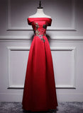 Red Simple Satin Off Shoulder Long Party Dress, A-line Floor Length Red Satin Prom Dress HZ1024