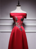 Red Simple Satin Off Shoulder Long Party Dress, A-line Floor Length Red Satin Prom Dress HZ1024