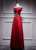 Red Simple Satin Off Shoulder Long Party Dress, A-line Floor Length Red Satin Prom Dress HZ1024