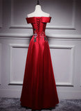 Red Simple Satin Off Shoulder Long Party Dress, A-line Floor Length Red Satin Prom Dress HZ1024
