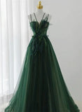 Green Straps Tulle Long A-line Party Dress, Green Floor Length Prom Dress HZ1024