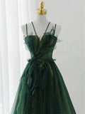 Green Straps Tulle Long A-line Party Dress, Green Floor Length Prom Dress HZ1024