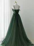 Green Straps Tulle Long A-line Party Dress, Green Floor Length Prom Dress HZ1024