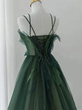 Green Straps Tulle Long A-line Party Dress, Green Floor Length Prom Dress HZ1024