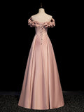 Pink Satin Off Shoulder A-line Prom Dress, Pink Floor Length Party Dress HZ1024