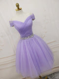 Off Shoulder Lavender Tulle Homecoming Dresses, Beaded Lavender Prom Dress HZ1024