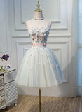 Cute Tulle Knee Length with Flowers Homecoming Dress, Blue Prom Dress HZ1024