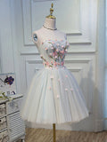 Cute Tulle Knee Length with Flowers Homecoming Dress, Blue Prom Dress HZ1024