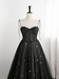Blavk Sweetheart Straps A-line Long Tulle Prom Dress, Black Evening Party Dress HZ1024