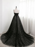 Blavk Sweetheart Straps A-line Long Tulle Prom Dress, Black Evening Party Dress HZ1024
