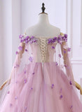 Pink Sweet 16 Tulle Formal Dress with Flowers, Pink Long Formal Dress HZ1024