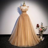 Champagbe Ball Gown High Neckline Tulle Party Dress, Beaded Long Prom Dress HZ1024
