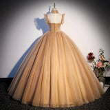 Champagbe Ball Gown High Neckline Tulle Party Dress, Beaded Long Prom Dress HZ1024