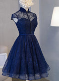 Navy Blue Beaded Lace Short Prom Dress Graduation Dress, Navy Blue Homecoming Dress HZ1024
