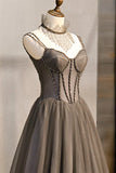 Grey Beaded Sweetheart Tulle Floor Length Party Dress, Grey Long Prom Dress HZ1024