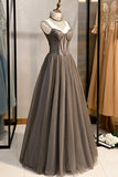 Grey Beaded Sweetheart Tulle Floor Length Party Dress, Grey Long Prom Dress HZ1024