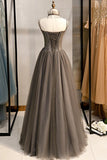 Grey Beaded Sweetheart Tulle Floor Length Party Dress, Grey Long Prom Dress HZ1024