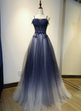 Blue Gradient A-line Tulle Long Formal Dress, Floor Length Prom Dress HZ1024