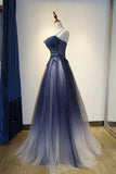 Blue Gradient A-line Tulle Long Formal Dress, Floor Length Prom Dress HZ1024