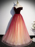 Wine Red Velvet and Tulle Off Shoulder Long Party Dress, Wine Red Junior Prom Dress HZ1024
