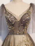 Champagne V-neckline Tulle Long Party Dress, A-line Straps Prom Dress HZ1024