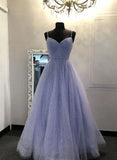 Blue Sweetheart Beaded Tulle Straps Party Dress, Blue Long Prom Dress HZ1024