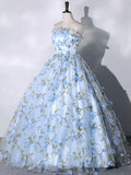 Blue Flowers Lace Ball Gown Long Formal Party Dress, Blue Evening Prom Dress HZ1024