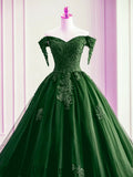 Dark Green Off Shoulder Tulle with Lace Sweet 16 Dress, Dark Green Formal Gowns HZ1024