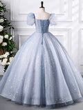 A-Line Blue Tulle Sequins Floor Length Prom Dress, Beautiful Short Sleeve Evening Party Dress HZ1024