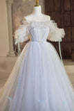 A-Line Tulle Floor Length Prom Dress, Off the Shoulder Blue Evening Party Dress HZ1024