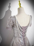 A-Line Tulle Sequins Floor Length Prom Dress, Beautiful Short Sleeve Party Dress HZ1024
