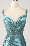 Mermaid V-Neck Satin Long Appliques Sequin Prom Dress With Slit HZ1024