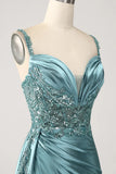 Mermaid V-Neck Satin Long Appliques Sequin Prom Dress With Slit HZ1024