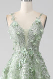 Sage A-Line Detachable Sleeves Long Corset Prom Dress with Flowers HZ1024