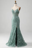 Spaghetti Staps Sparkly Grey Green Prom Dress with Beading HZ1024
