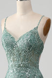 Spaghetti Staps Sparkly Grey Green Prom Dress with Beading HZ1024