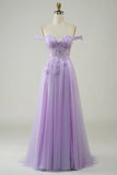 Purple Corset A-Line Long Tulle Prom Dress with Lace HZ1024