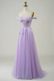 Purple Corset A-Line Long Tulle Prom Dress with Lace HZ1024