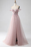 Off the Shoulder A Line Beaded Prom Dress with Slit HZ1024