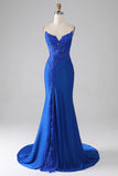 Royal Blue Mermaid Strapless Long Beaded Prom Dress With Appliques HZ1024