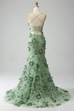 Mermaid Spaghetti Straps Green Corset Prom Dress with Appliques HZ1024