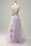 A Line Deep V Neck Lavender Long Prom Dress with Appliques HZ1024