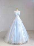 Light Blue A-Line Butterfly Heart Neck Strapless Tulle Long Evening Gowns HZ1024