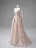 Pink A-Line Heart Neck Strapless Tulle Embroidered Evening Gowns HZ1024