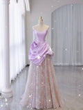 Purple Satin A-Line Heart Neck Strapless Tulle Long Evening Dresses HZ1024